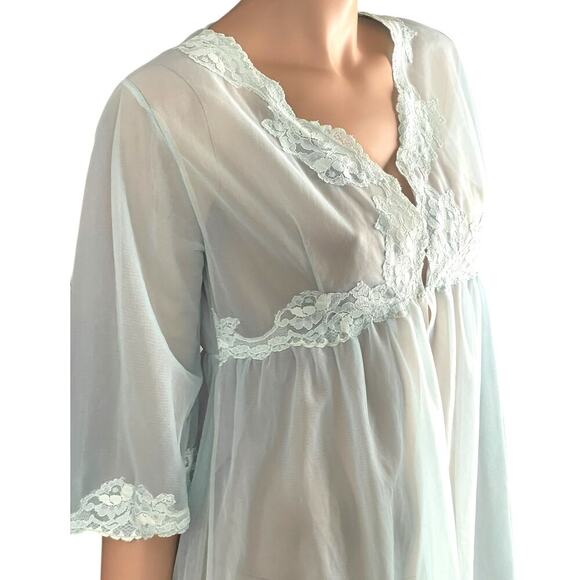 Vintage Blue Chiffon Tulle Lace Robe Double Layer Lingerie - Picture 6 of 9